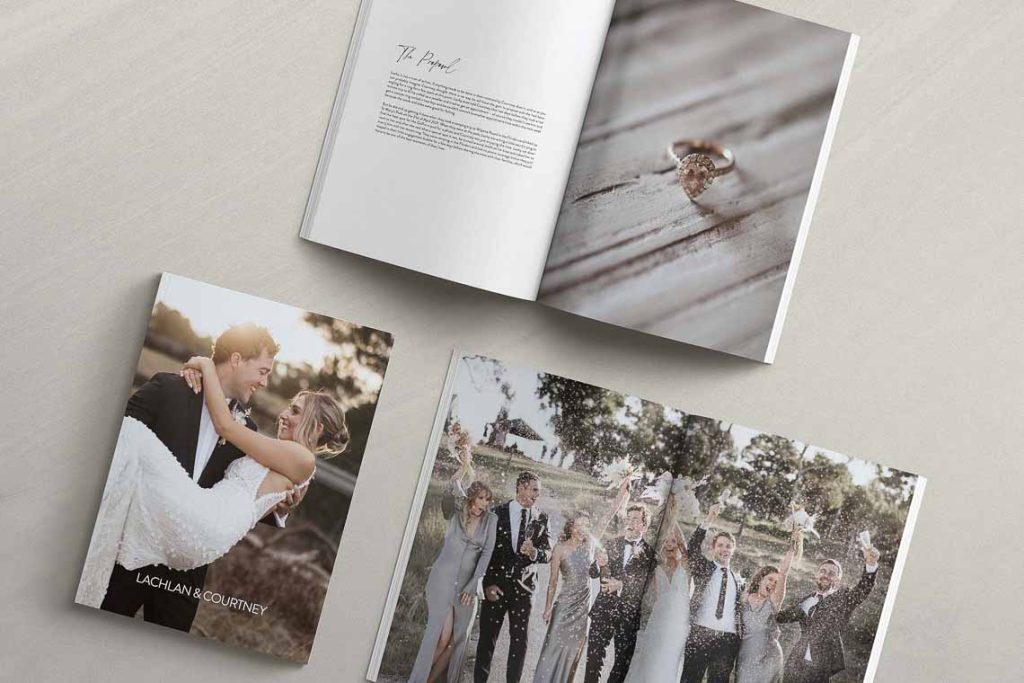 Wedding Photo Book Front Cover Design Page Layout Design featuring photos and written content