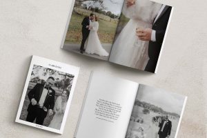 Beechmont Estate Wedding Magazine Design including layout of the magazine cover, and 2 page layouts featuring wedding photos and written copy