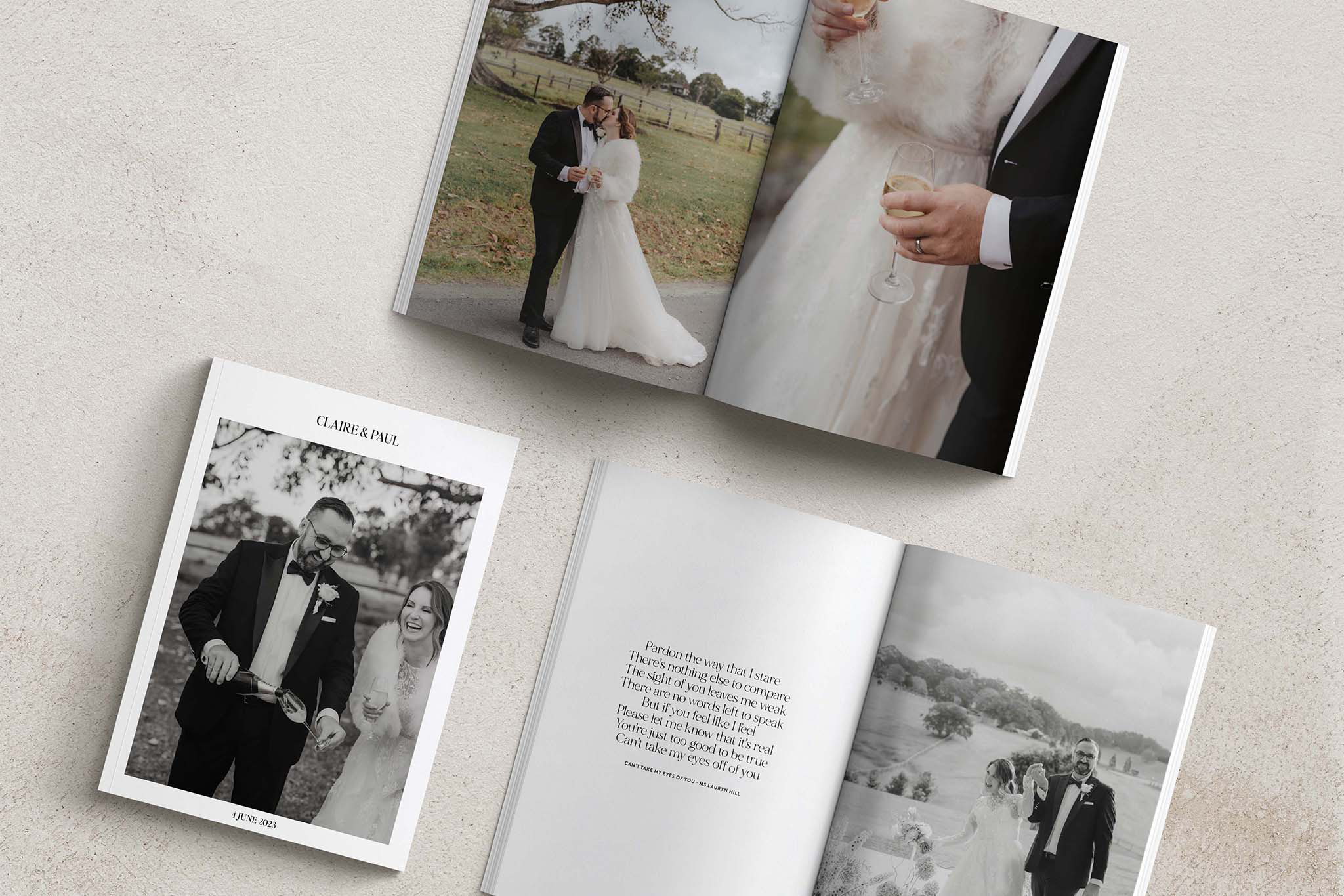 Beechmont Estate Wedding Magazine Design including layout of the magazine cover, and 2 page layouts featuring wedding photos and written copy