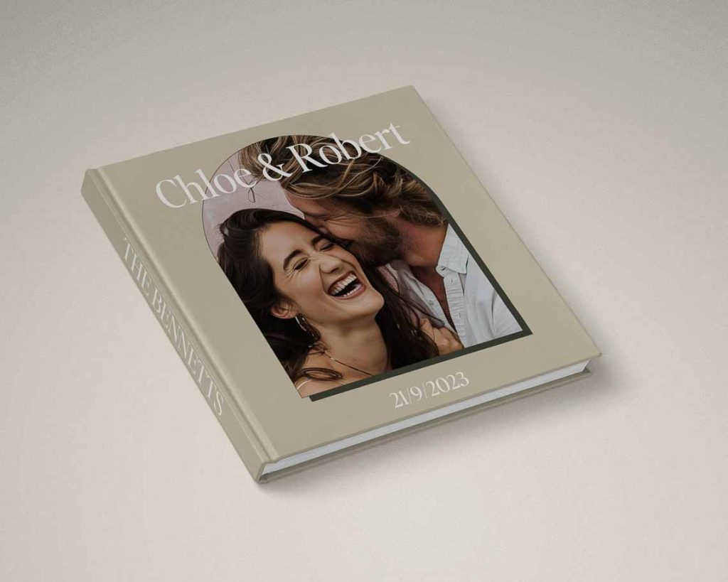 Luxe Wedding Photo Album with fun creative cover with Feature Image In Modern Arch Frame