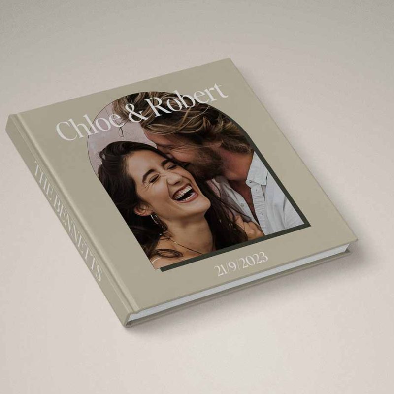 Luxe Wedding Photo Album with fun creative cover with Feature Image In Modern Arch Frame
