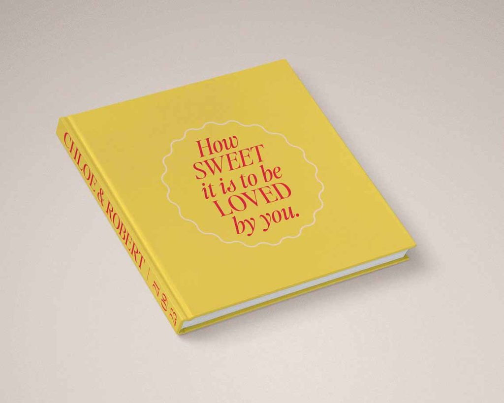 Luxe Wedding Photo Album with fun creative cover design in yellow & pink colours with lyrics extract How Sweet It Is To Be Loved By You. Yellow photo album cover perfect for a gold or yellow wedding colour palette.