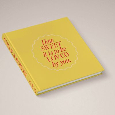 Luxe Wedding Photo Album with fun creative cover design in yellow & pink colours with lyrics extract How Sweet It Is To Be Loved By You. Yellow photo album cover perfect for a gold or yellow wedding colour palette.