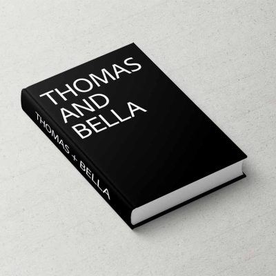 Bespoke Wedding Album inspired by Tom Ford Books. Fashion Series Wedding Album, Black Printed Canvas Cover with White Bold Typography