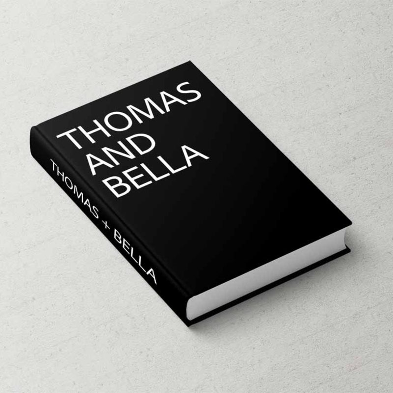 Bespoke Wedding Album inspired by Tom Ford Books. Fashion Series Wedding Album, Black Printed Canvas Cover with White Bold Typography