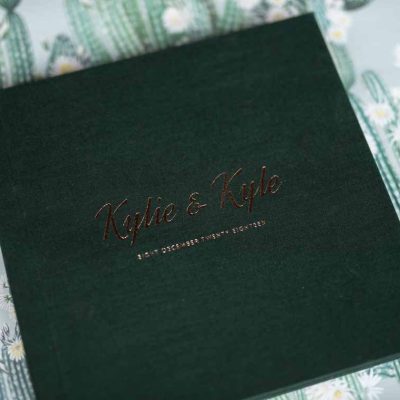 Personalised Wedding Guest Book choose from leather, linen or silk covers with custom lettering including your names and wedding date. Green wedding colour theme.