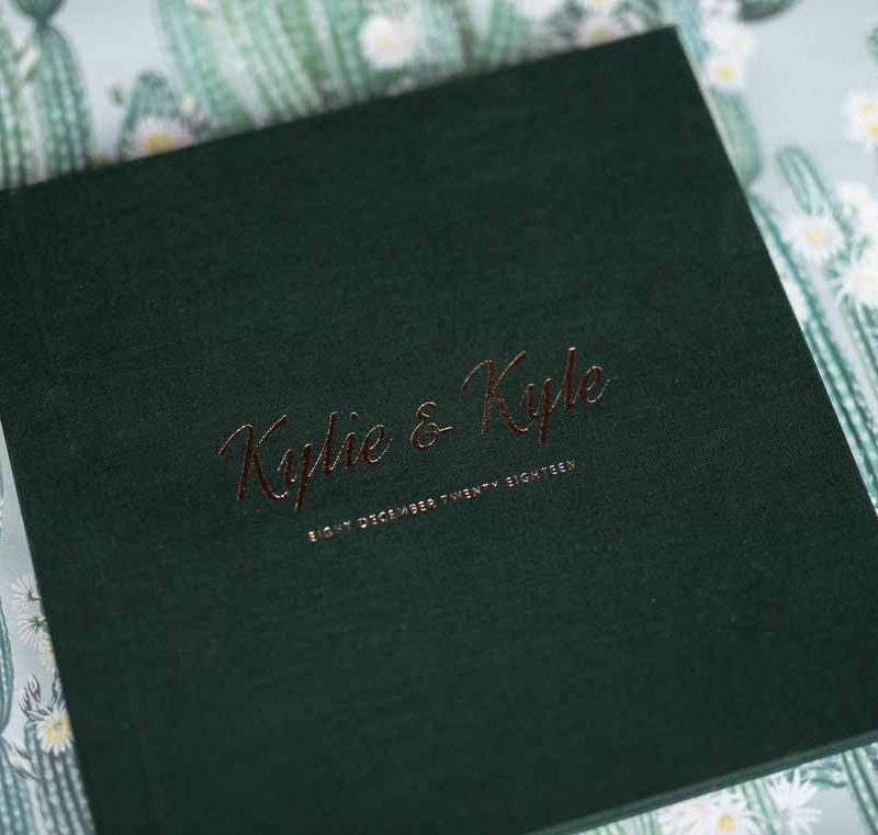 Personalised Wedding Guest Book choose from leather, linen or silk covers with custom lettering including your names and wedding date. Green wedding colour theme.