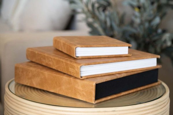 Wedding Photo Album, cover in Premium Leather in a warm caramel colour. Featuring the small, medium and large square photo album.