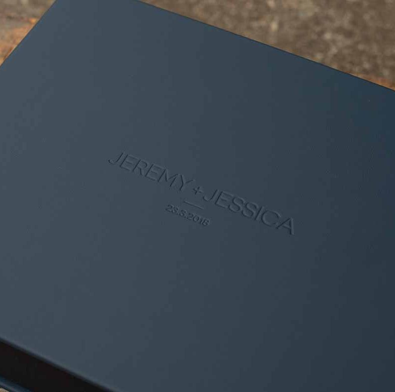 Wedding Photo Album Cover Leather colour Navy with blind embossed lettering in a landscape (horizontal) format