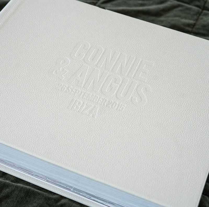 Fine Art Albums including our Wedding Photo Album Cover Leather colour White with Blind Embossed Lettering in Landscape (horizontal) format