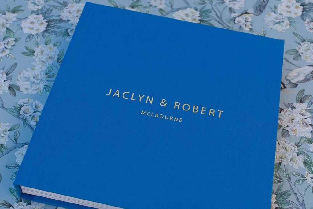 Blue photo album cover perfect for a pretty pastel wedding colour palette.