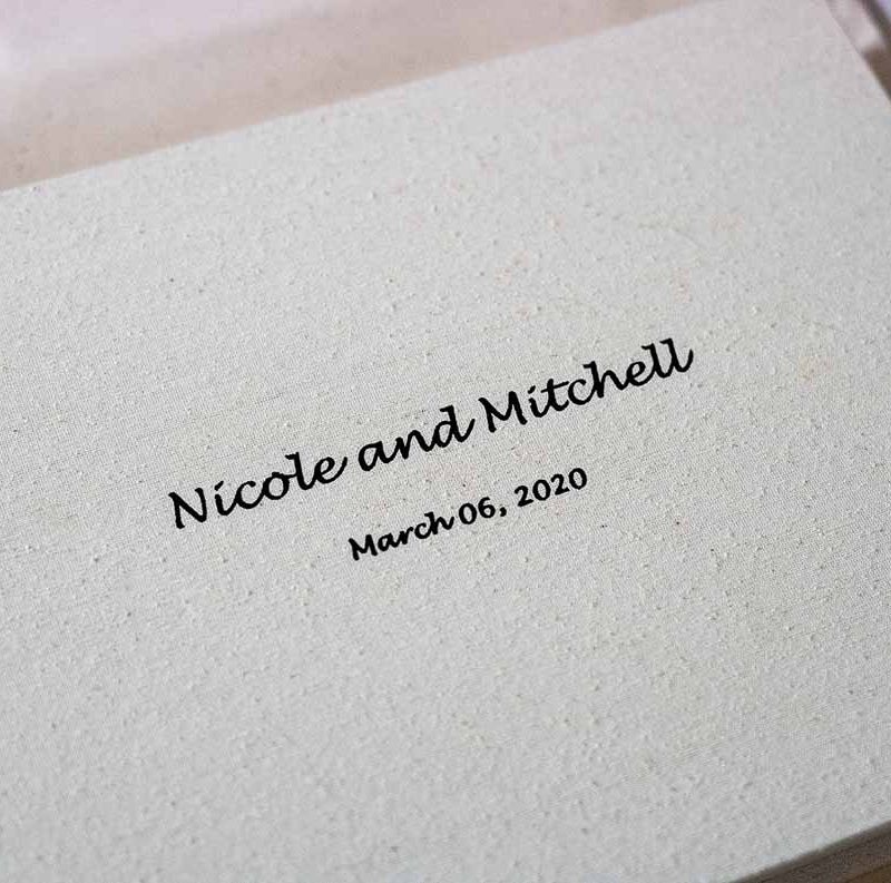 Photo Album with Silk cover and black embossing. Our albums also make for great wedding guest book ideas.
