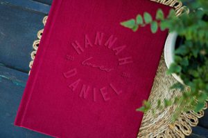 Ruby Red velvet photo album cover perfect for a rich red wedding colour palette.