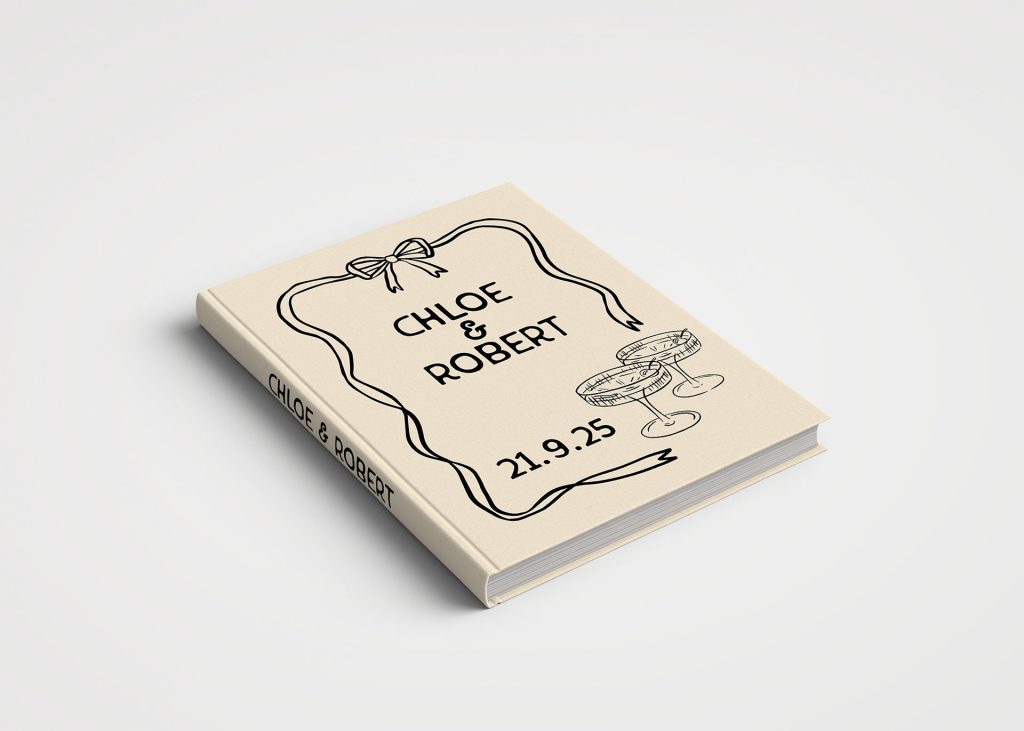 Personalised Wedding Guest Book Printed Cover - Champagne Glasses Beige and Black