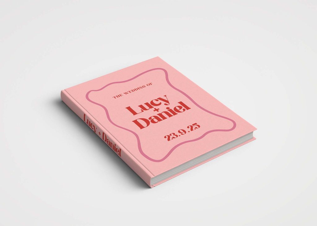 Personalised Wedding Guest Book Printed Cover - Whimsical Wavy Border Pink & Red