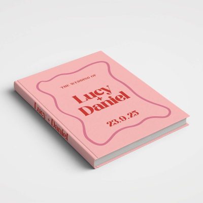 Personalised Wedding Guest Book Printed Cover - Whimsical Wavy Border Pink & Red
