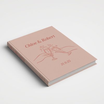 Personalised Wedding Guest Book Printed Cover - Champagne Glasses Cheers Blush Pink