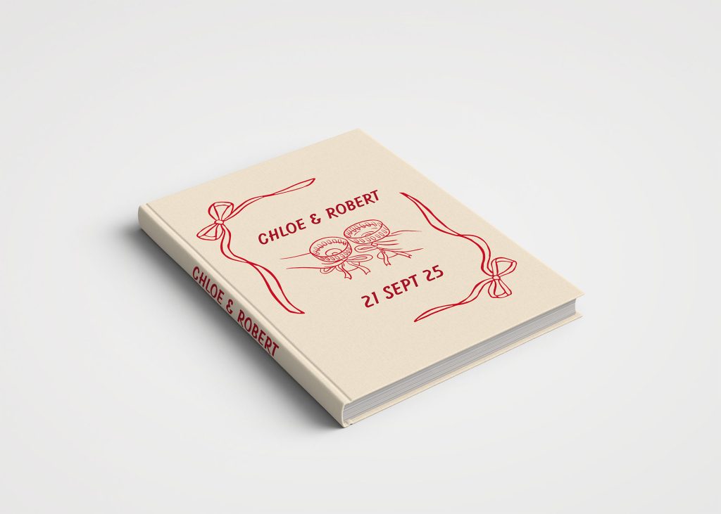 Personalised Wedding Guest Book Printed Cover - Champagne Glasses Cheers Beige and Red