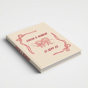 Personalised Wedding Guest Book Printed Cover - Champagne Glasses Cheers Beige and Red