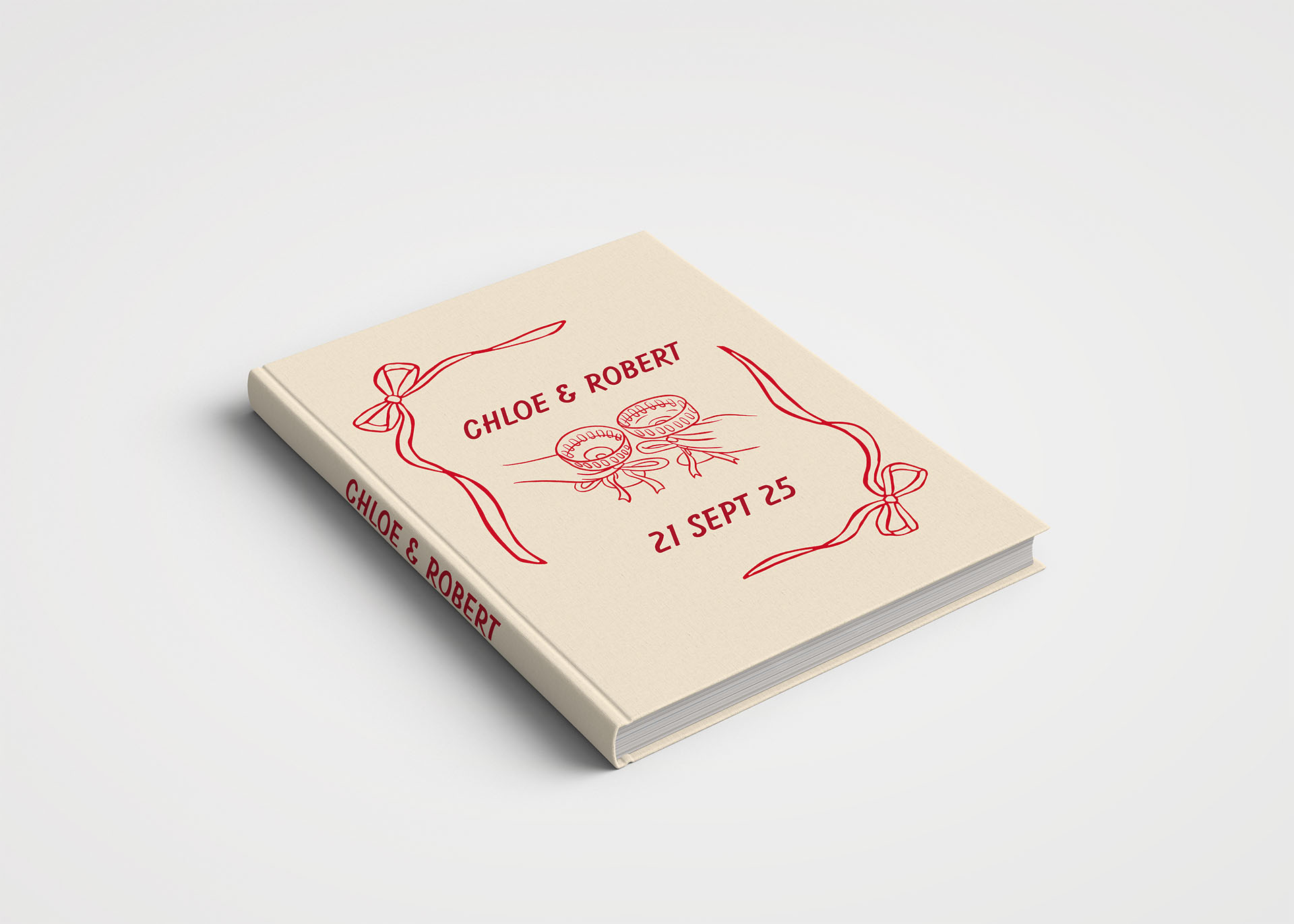 Personalised Wedding Guest Book Printed Cover - Champagne Glasses Cheers Beige and Red