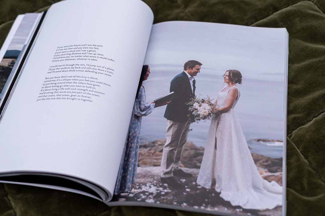 Wedding Elopement Magazine photo book laided out over pages featuring photos and words
