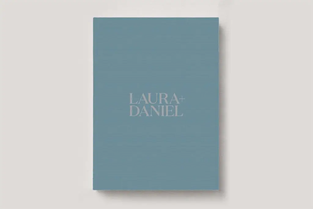 Premium Wedding Photo Album with luxe linen cover in colour Edgewater blue. Available in 3 formats; Landscape (horizontal), Square & Portrait (vertical) in 3 sizes; small, medium and large photo albums.