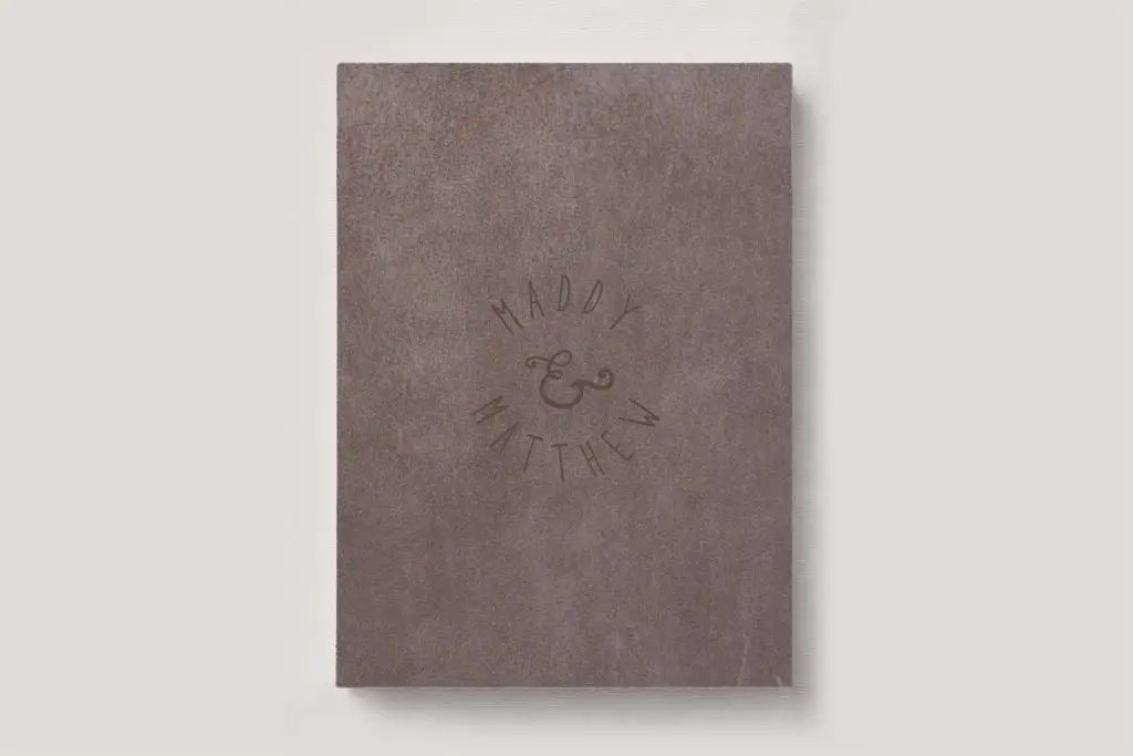 Premium Leather Wedding Photo Album in colour Basalt (grey-ish brown). Available in 3 formats; Landscape (horizontal), Square & Portrait (vertical) in 3 sizes; small, medium and large photo albums.