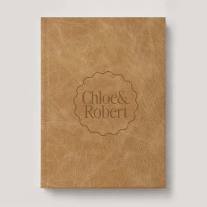 Premium Leather Wedding Photo Album in colour Biscotti (warm caramel brown). Available in 3 formats; Landscape (horizontal), Square & Portrait (vertical) in 3 sizes; small, medium and large photo albums.