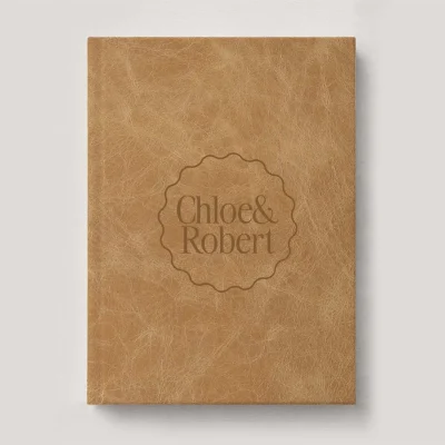 Premium Leather Wedding Photo Album in colour Biscotti (warm caramel brown). Available in 3 formats; Landscape (horizontal), Square & Portrait (vertical) in 3 sizes; small, medium and large photo albums.