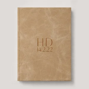 Premium Leather Wedding Photo Album in colour Camel (light yellowish brown). Available in 3 formats; Landscape (horizontal), Square & Portrait (vertical) in 3 sizes; small, medium and large photo albums.