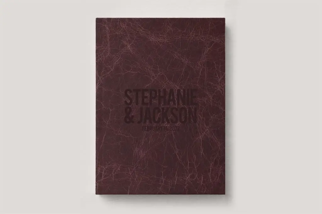 Premium Leather Wedding Photo Album in colour Cherry (warm reddish brown). Available in 3 formats; Landscape (horizontal), Square & Portrait (vertical) in 3 sizes; small, medium and large photo albums.