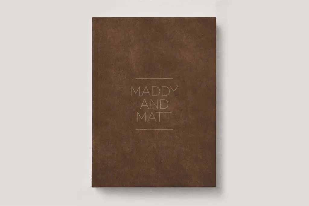 Premium Leather Wedding Photo Album in colour Claystone (warm brown). Available in 3 formats; Landscape (horizontal), Square & Portrait (vertical) in 3 sizes; small, medium and large photo albums.