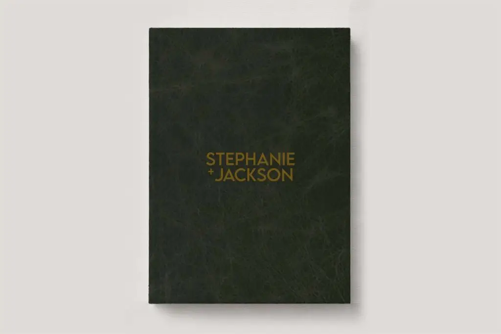 Premium Leather Wedding Photo Album in colour Sassafras (dark green). Available in 3 formats; Landscape (horizontal), Square & Portrait (vertical) in 3 sizes; small, medium and large photo albums.