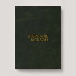 Premium Leather Wedding Photo Album in colour Sassafras (dark green). Available in 3 formats; Landscape (horizontal), Square & Portrait (vertical) in 3 sizes; small, medium and large photo albums.
