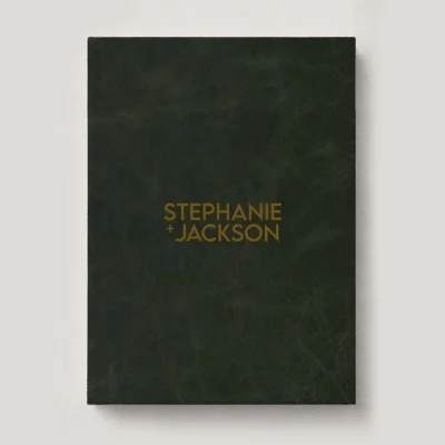 Premium Leather Wedding Photo Album in colour Sassafras (dark green). Available in 3 formats; Landscape (horizontal), Square & Portrait (vertical) in 3 sizes; small, medium and large photo albums.
