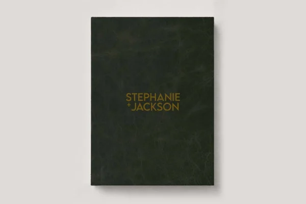 Premium Leather Wedding Photo Album in colour Sassafras (dark green). Available in 3 formats; Landscape (horizontal), Square & Portrait (vertical) in 3 sizes; small, medium and large photo albums.