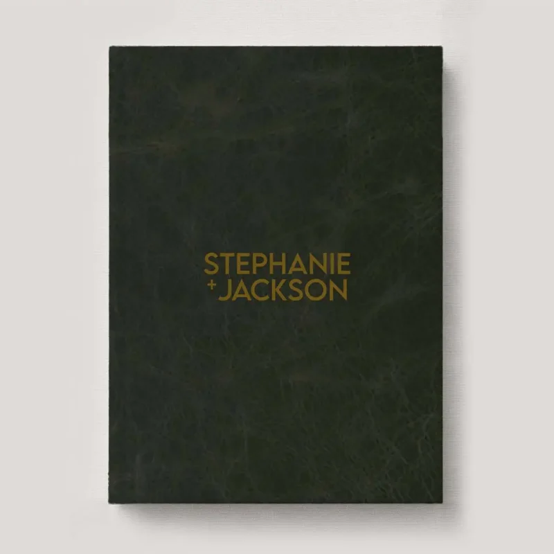 Premium Leather Wedding Photo Album in colour Sassafras (dark green). Available in 3 formats; Landscape (horizontal), Square & Portrait (vertical) in 3 sizes; small, medium and large photo albums.