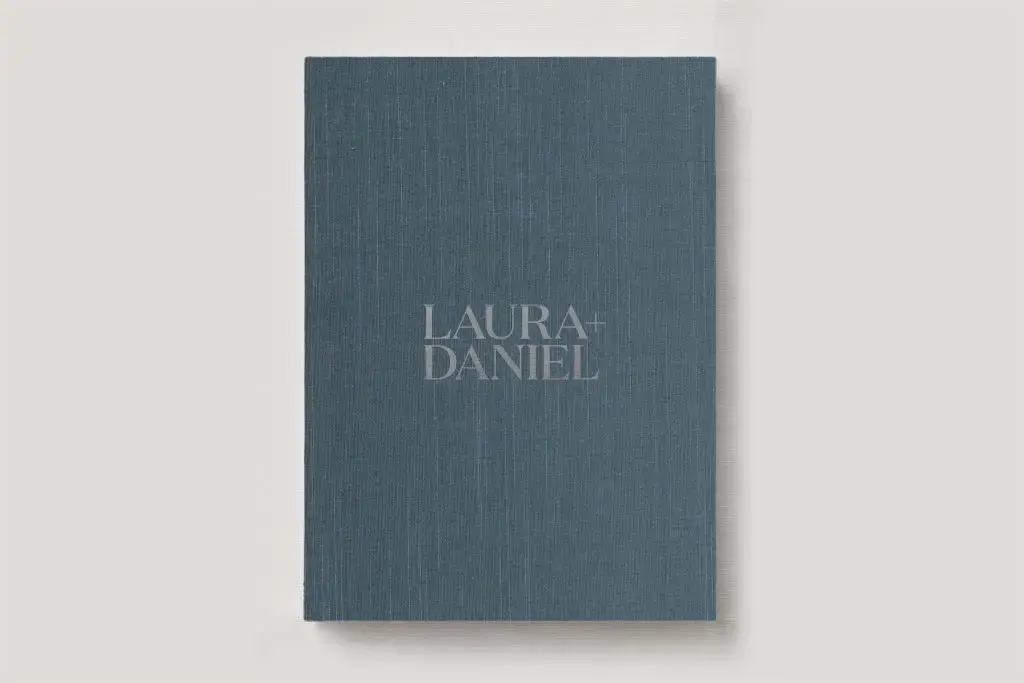 Personalised Book Cloth Wedding Photo Album with a silk fabric cover in colour Cool Elements. Available in 3 formats; Landscape (horizontal), Square & Portrait (vertical) in 3 sizes; small, medium and large photo albums.