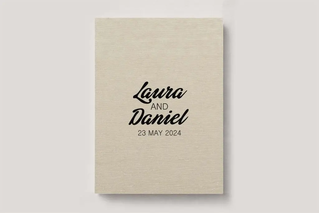 Personalised Book Cloth Wedding Photo Album with a silk fabric cover in colour Desert Haze. Available in 3 formats; Landscape (horizontal), Square & Portrait (vertical) in 3 sizes; small, medium and large photo albums.