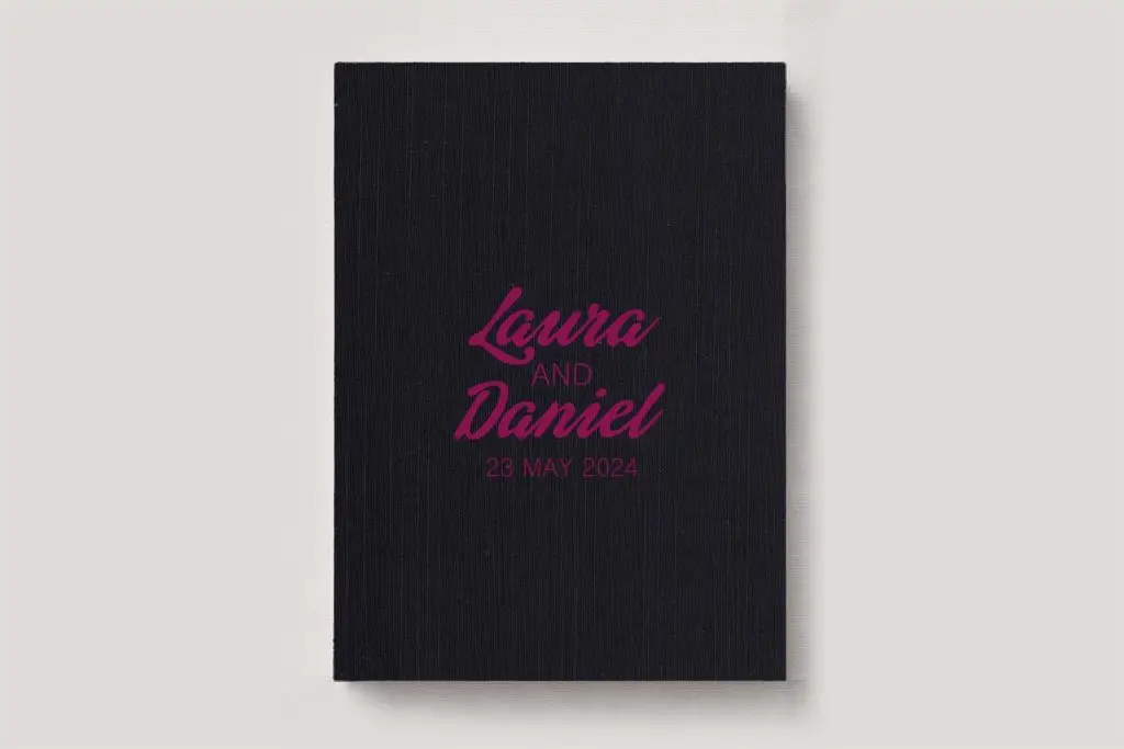 Personalised Book Cloth Wedding Photo Album with a silk fabric cover in colour Midnight Sun. Available in 3 formats; Landscape (horizontal), Square & Portrait (vertical) in 3 sizes; small, medium and large photo albums.