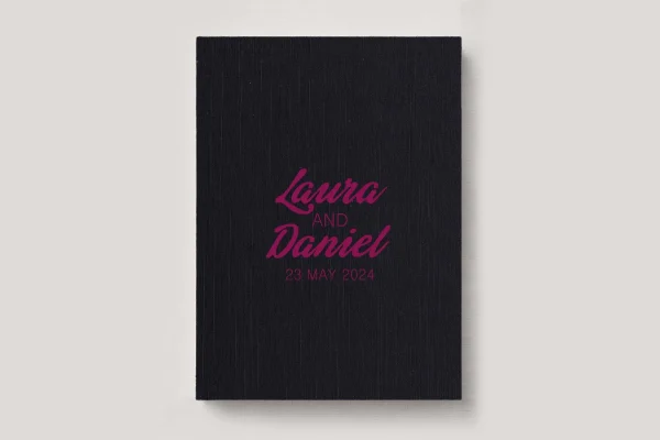 Personalised Book Cloth Wedding Photo Album with a silk fabric cover in colour Midnight Sun. Available in 3 formats; Landscape (horizontal), Square & Portrait (vertical) in 3 sizes; small, medium and large photo albums.