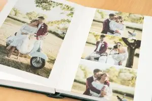 Dreamy Colourful Italian wedding tells the story of this couples special day wrapped up in a layflat wedding album with a Velvet Emerald Green cover and personalised with the couples names, wedding date and location in Umbria Italy.