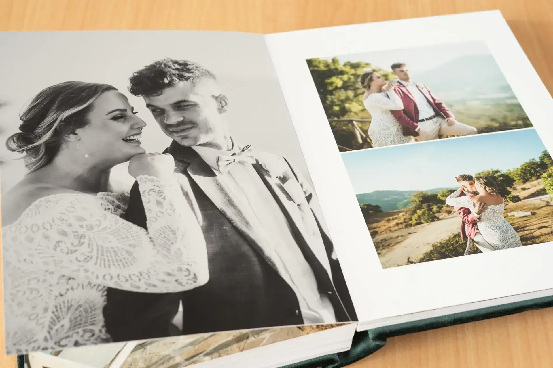 Layflat wedding album in velvet emerald green from a wedding in Umbria, Italy