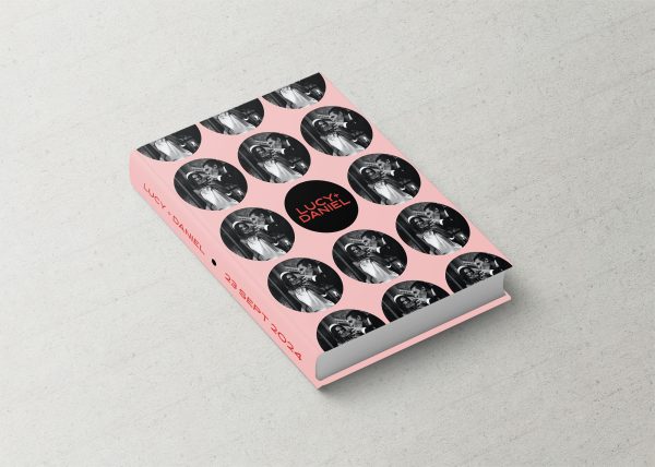 Wedding Album Cover Printed Fabric Design Photo In Circles Bold Pink & Black