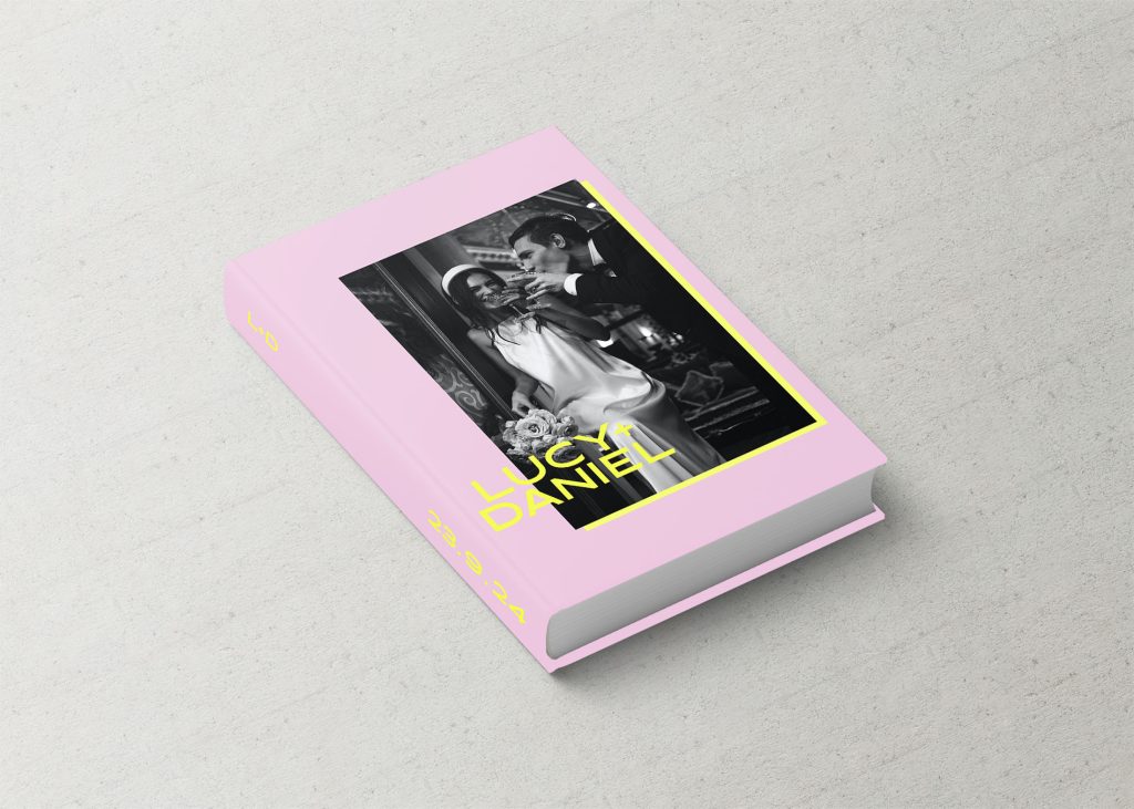 Wedding Album Cover Printed Fabric Design Feature Photo in black & white, mauve and yellow