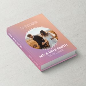 Wedding Album Cover Printed Fabric Design with Feature Photo in dreamy peach, pink & mauve gradient