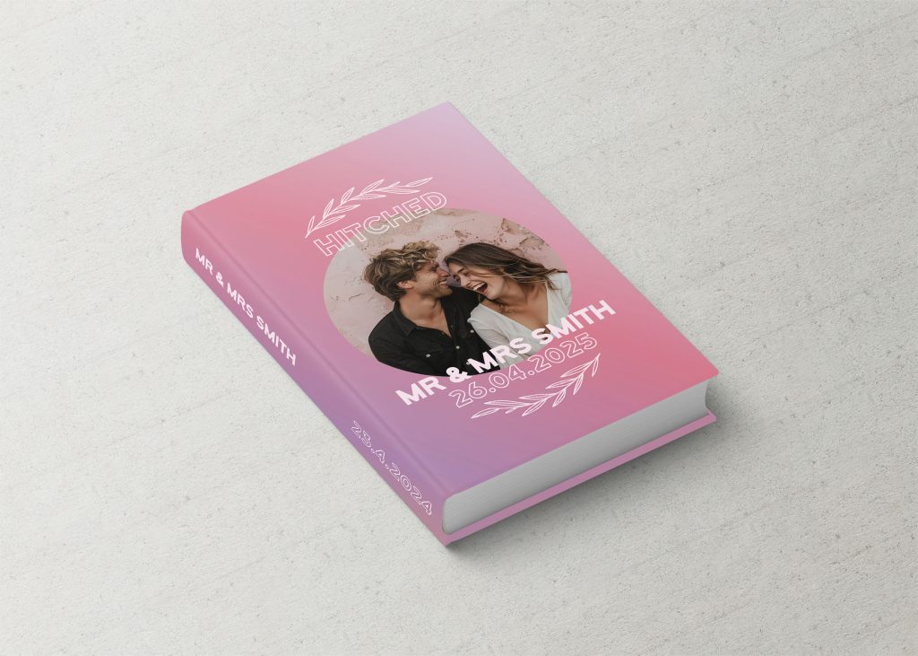 Wedding Album Cover Printed Fabric Design with Feature Photo in dreamy pink mauve gradient