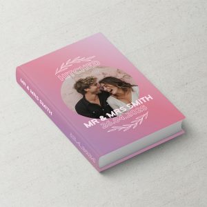 Wedding Album Cover Printed Fabric Design with Feature Photo in dreamy pink mauve gradient