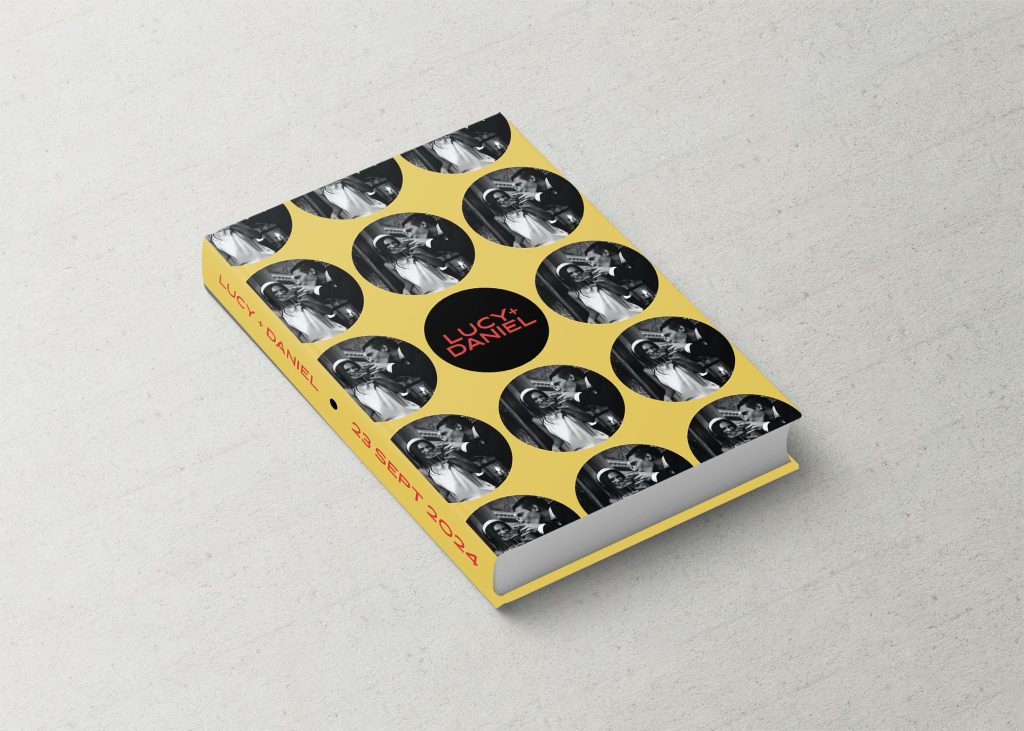 Wedding Album Cover Printed Fabric Design with polka dot cover design with photo in yellow and black