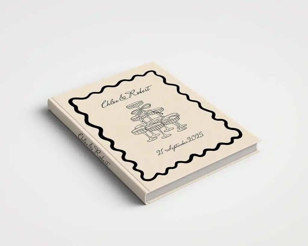 Luxury Wedding Album Collection: Wedding Album Creative Custom Printed Design Fabric Cover 02 Beige & Black Champagne Tower